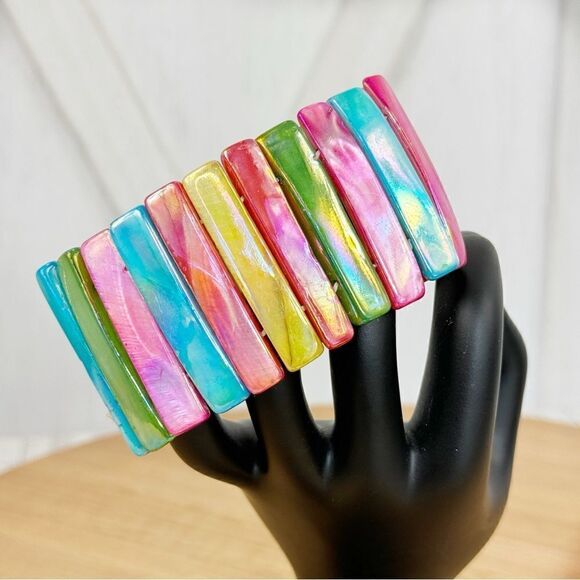 Mother Of Pearl Abalone Luster Seashell Elastic Stretch Cuff Bracelet Rainbow - Picture 3 of 9